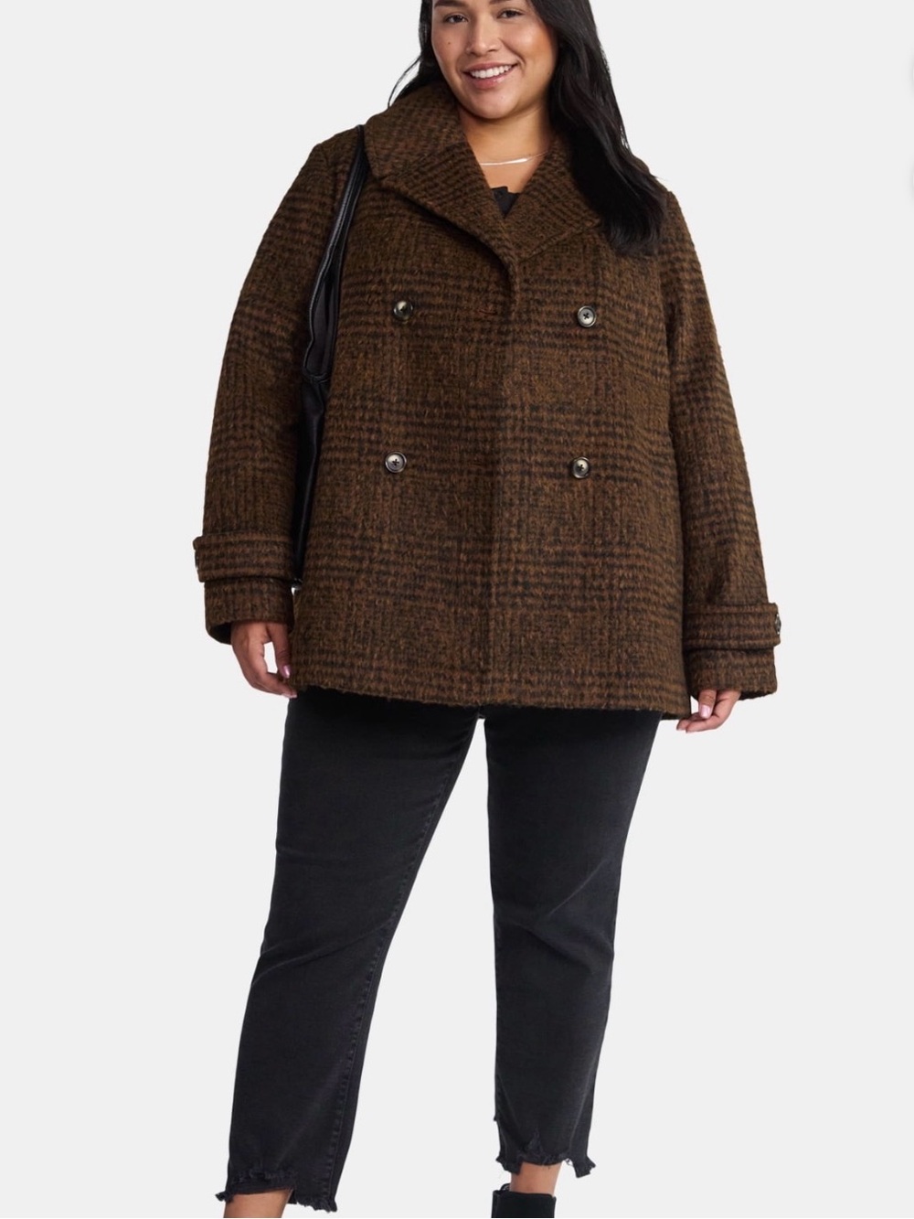 NEW Time and Tru Faux Wool Peacoat Houndstooth Plaid Women’s Size 1X Brown Black
